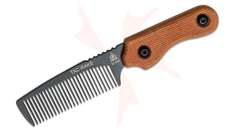 TOPS Knives Tac-Rake Beard Comb 3 inch Carbon Steel, Tan Canvas Micarta Handles, Leather Pouch