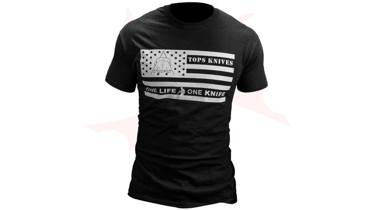 TOPS Knives One Life One Knife Flag Logo T-Shirt Black, 2X-Large