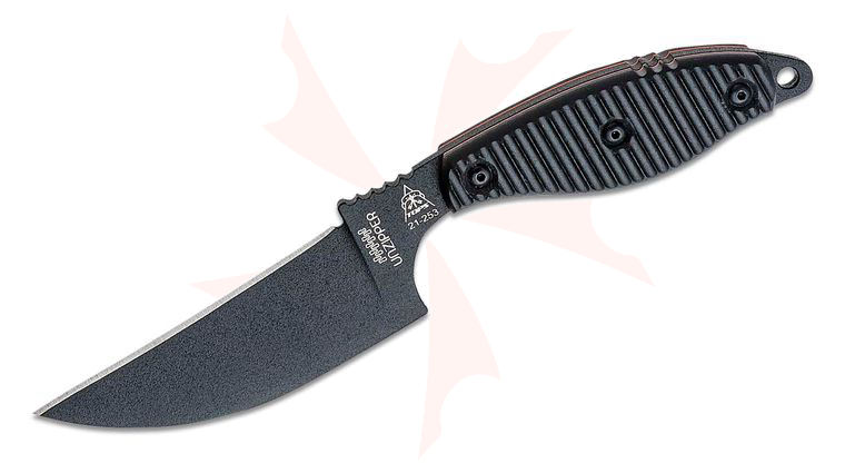 TOPS Knives Unzipper Fixed Blade Knife 4.25 inch 1095 Black Reverse Skinning Blade, Black G10 Handles, Kydex Sheath