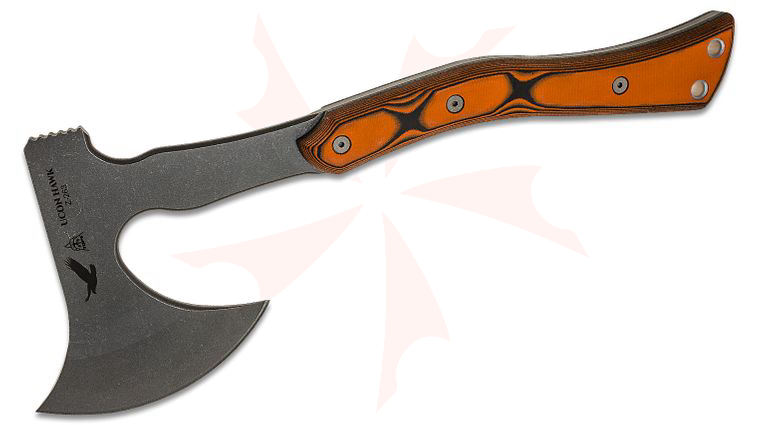 TOPS Knives Ucon Hawk Axe 4.87 inch 1095 Tumbled Blade, Orange/Black SureTouch G10 Handles, Black Leather 2 Piece Sheath