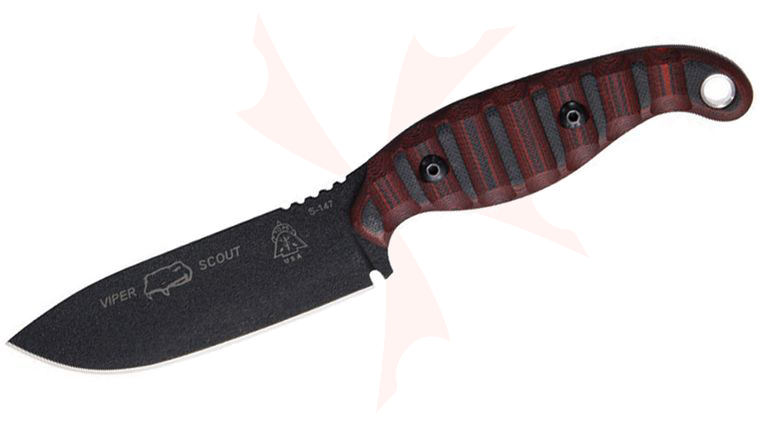 TOPS Knives Viper Scout Fixed 4.13 inch Black 1095 Carbon Blade, Black and Red G10 Handles, Leather Sheath