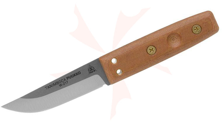 TOPS Knives Tanimboca Puukko Knife Fixed 3.63 inch Blade, Tan Canvas Micarta Handles, Leather Sheath