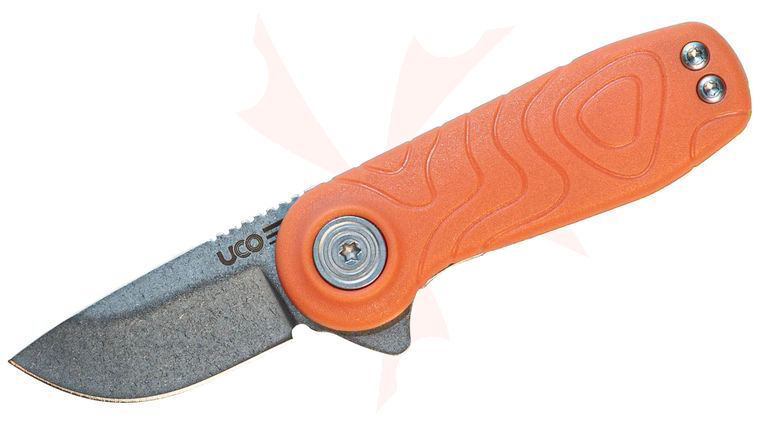 UCO Tinkham Folding Knife 1.5 inch D2 Stonewashed Drop Point Blade, Tiger Orange GRN Handles