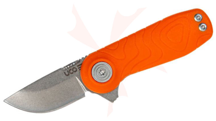 UCO Tinkham 2.0 Folding Knife 1.5 inch D2 Stonewashed Drop Point Blade with Thum Disc, Tiger Orange GRN Handles