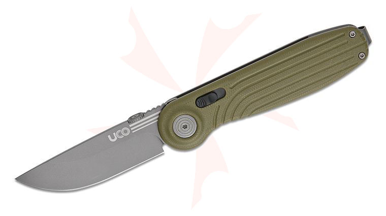 UCO Hannegan Crossbar Folding Knife 2.91 inch Nitro-V Gray TiNi Drop Point Blade, Forest Green G10 Handles