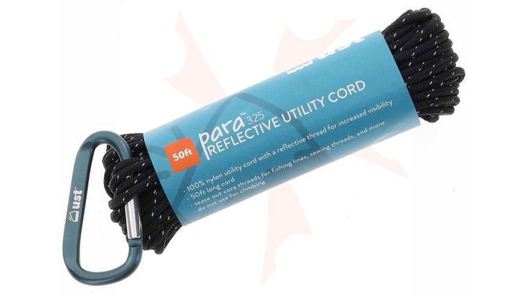 UST Ultimate Survival Paracord 325 Utility Cord 50 ft Hank with Blue Carabiner, Black/Reflective