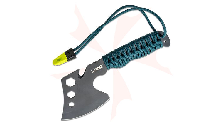 UST Ultimate Survival ParaHatchet PRO Multi-Tool, Fire Starter, Blue ParaTinder Wrapped Handle with Whistle, Black Nylon Sheath