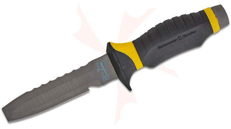 Underwater Kinetics Blue Tang Dive and Rescue Knife Fixed Blade 5 inch Titanium Serrated Blunt Tip Blade, Black and Yellow Zytel Handles, Plastic Sheath