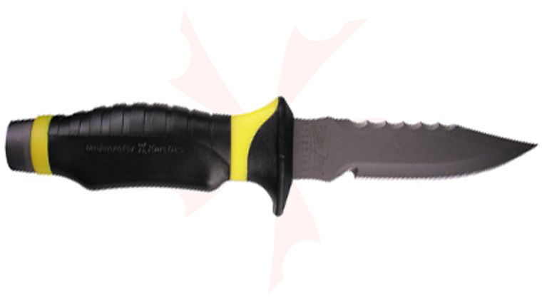 Underwater Kinetics Blue Tang Dive and Rescue Knife Fixed Blade 5 inch Titanium Serrated Drop Point Blade, Black and Yellow Zytel Handles, Polycarbonate Sheath
