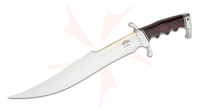 United Cutlery 65th Anniversary Gil Hibben Spartan Bowie Knife 15.125 inch Mirror-Polished Bowie Blade with Brass Spine Accent, Dark Pakkawood Handles with Chrome-Plated Guard and Pommel, Commemorative Display Stand