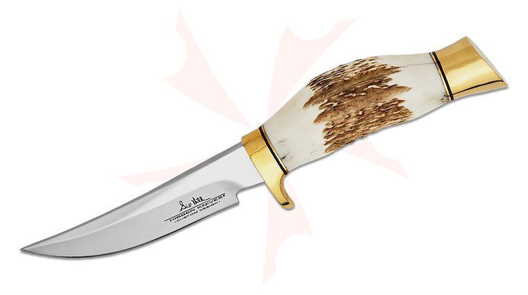 United Cutlery Gil Hibben Whitetail Skinner Fixed Blade Knife 4 inch 1.4116 Mirror Polished Trailing Point Blade, Stag Handles, Leather Sheath