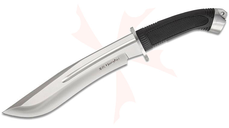 United Cutlery Honshu Boshin Bowie Knife 9.5 inch 7Cr13 Satin Recurve Blade, Black Rubberized Handle, Black Leather Sheath