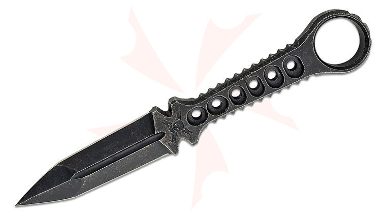 United Cutlery M48 Tanker Combat Dagger 4.25 inch Black Stonewashed Double-Edge Blade, One-Piece Construction with Pinky Ring, Kydex Belt Sheath