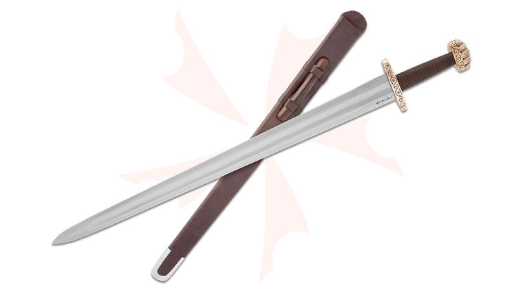 United Cutlery Honshu Historic Forge Ballinderry Viking Sword 29.5 inch 1065 Carbon Steel Double Edge Blade, Brown Leather Handle with Brass Guard and Pommel, Leather/Wooden Scabbard
