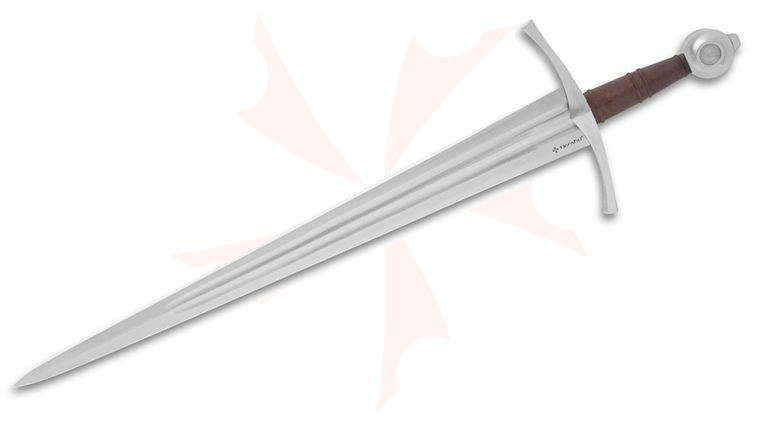 United Cutlery Honshu Historic Forge 14th Century Double Fuller Sword 26.5 inch Carbon Steel Satin Double-Edged Blade, Leather Wrapped Handle and Sheath