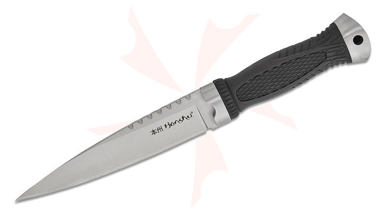 United Cutlery Honshu Sgian Dubh Fixed Blade 5.375 inch Satin Spear Point, Black TPR Handle, Leather Sheath