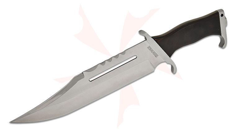 Gil Hibben III Bowie Knife Replica 11.875 inch Satin Bowie Blade, Dark Brown Wood Handle with Micarta Spacers, Leather Sheath
