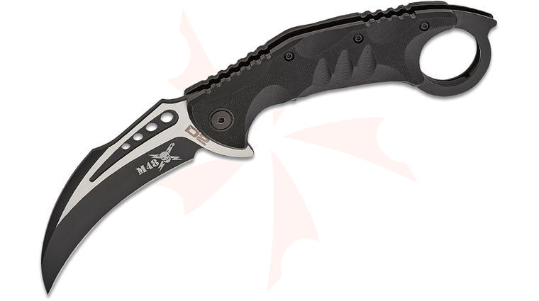 United Cutlery M48 Steel Titan Karambit Folding Knife 3.375 inch D2 Two-Tone Hawkbill Blade, Black G10 Handles
