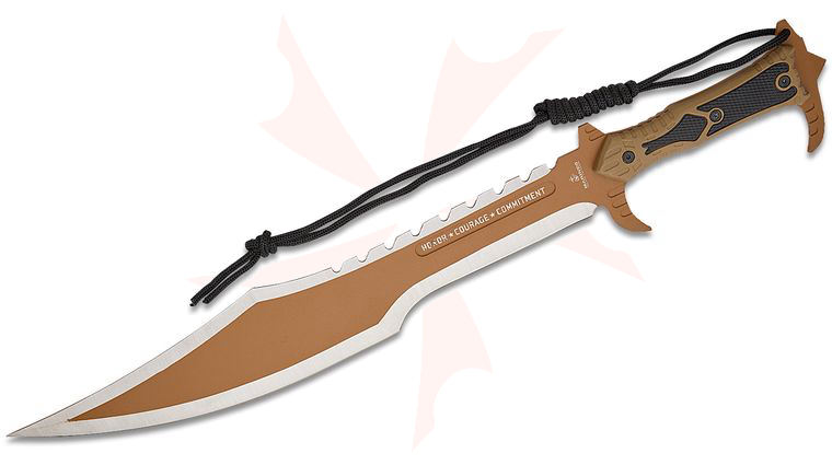 United Cutlery USMC Desert Ops Spartan Sword 17 inch Two-Tone Sawback Blade, Tan TPR Handle, Black Nylon Sheath