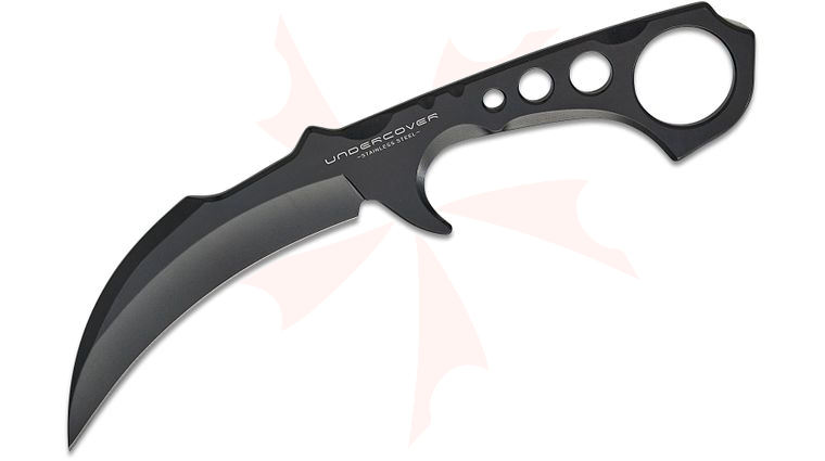United Cutlery Undercover CIA Stinger III Karambit Fixed Blade Knife 3.75 inch Black Hawkbill Blade, One-Piece Steel Handle with Finger Ring, Molded Nylon Sheath