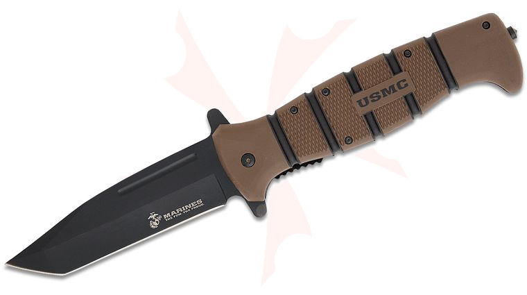 United Cutlery USMC Tanto Maximum Liner Lock Assisted Flipper Knife 5.5 inch Black Tanto Blade, Tan Rubberized Zytel Handles with Black TPR Inserts 