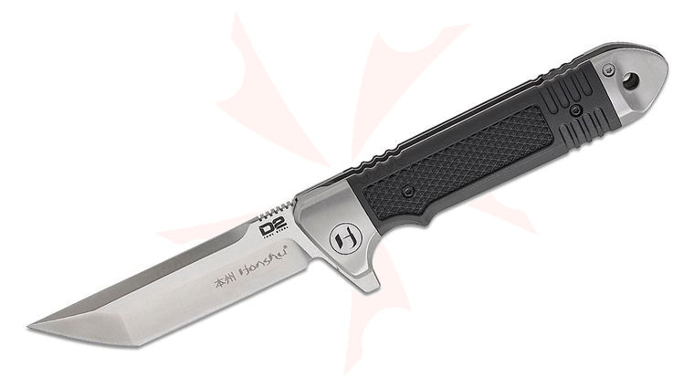 United Cutlery Honshu Sekyuriti Gen II Flipper Knife 3.46 inch D2 Satin Tanto Blade, Black Injection Molded Nylon Handles