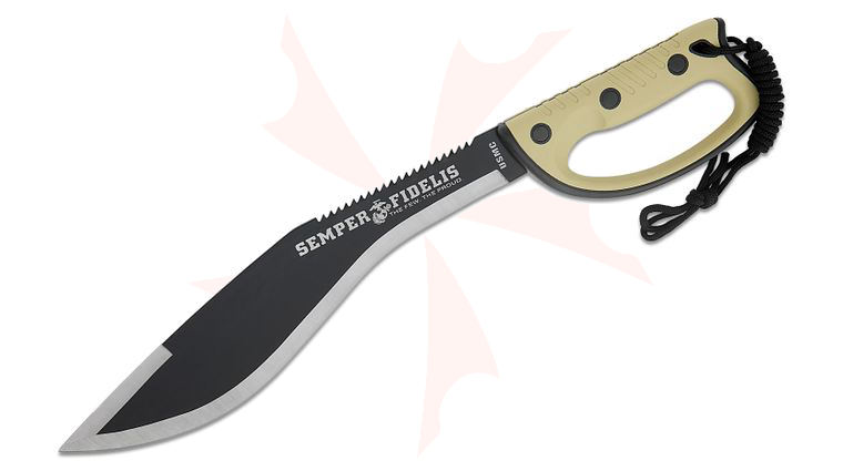 United Cutlery USMC Semper FI Sawback Kukri 13.5 inch Black Blade, FDE Rubberized Handle, Black Nylon Sheath
