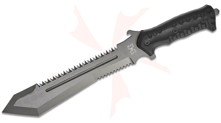 United Cutlery M48 Ops Combat Bowie Knife 10 inch 420A Titanium Electroplated Sawback Blade, Black Reinforced Handle, Nylon Sheath