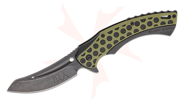 United Cutlery Black Ronin Hive Shuriken Assisted Flipper Knife 3.26 inch Black Stonewashed Upswept Sheepsfoot Blade, Black/Green TPR Handles, Aluminum Backspacer