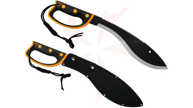 United Cutlery Survival Kukri Sawback Machete 14-3/4 inch Sawback Blade, Yellow Handguard, Nylon Sheath