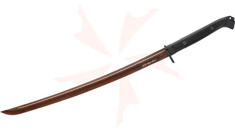 United Cutlery Honshu Boshin Black Damascus Wakizashi Sword 22.5 inch Blade, Black TPR Handle, Wooden Scabbard