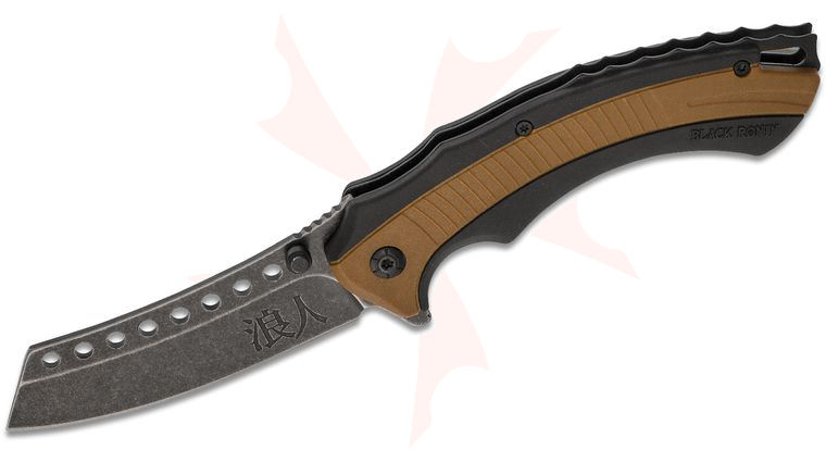 United Cutlery Black Ronin Bushido Assisted Flipper Knife 3.25 inch Dark Stonewashed Sheepsfoot Blade, Rubberized Zytel Handles w/ TPR Inserts