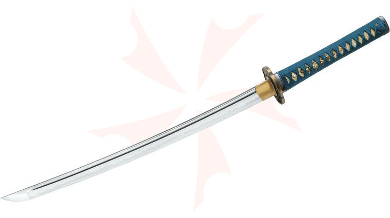 United Cutlery Shikoto Hammer-Forged Longquan Master Teal Wakizashi Sword 19.75  inch Hamon Blade, Rayskin/Cord Wrapped Handle, Wood Scabbard