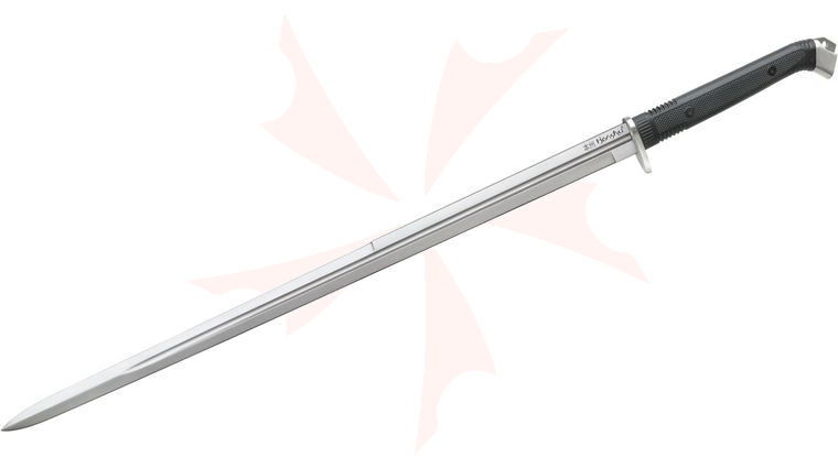 United Cutlery Honshu Boshin Double Edge Sword 30.5 inch Blade, Black TPR Handle, Wooden Scabbard