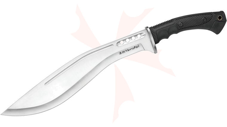 United Cutlery Honshu Boshin Kukri Knife Fixed 13.125 inch Blade, Black TPR Handle, Black Leather Sheath