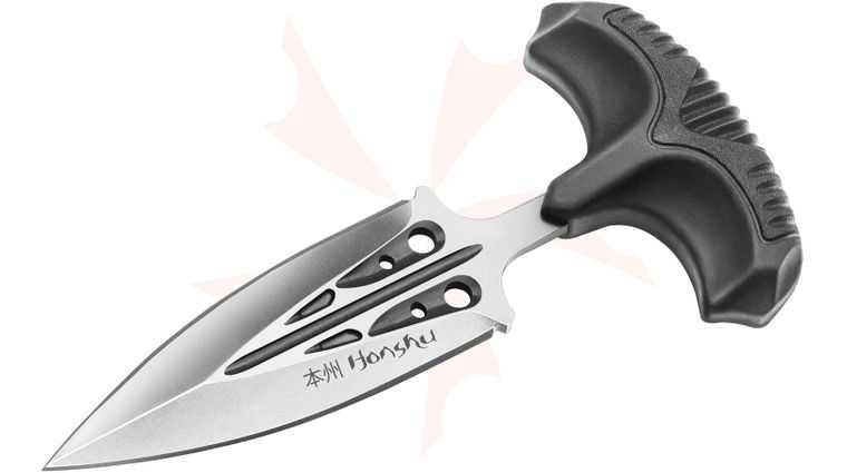 United Cutlery Honshu Large Covert Defense Push Dagger 4 inch Satin Blade, Black TPR Handle, Leather Sheath