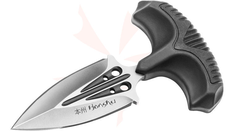 United Cutlery Honshu Small Covert Defense Push Dagger 2.625 inch Satin Blade, Black TPR Handle, Leather Sheath
