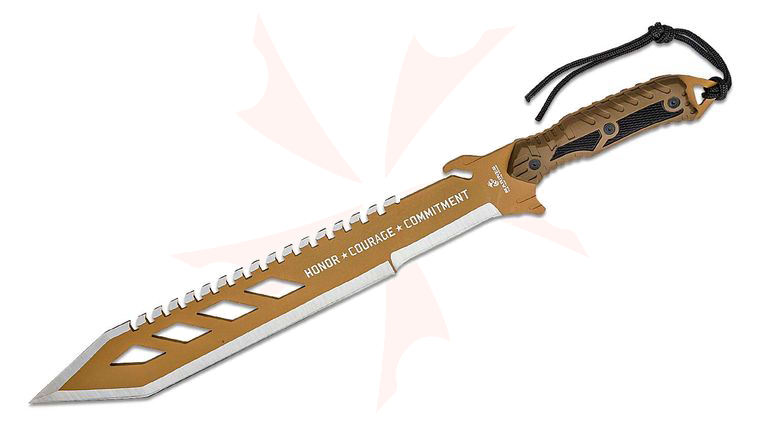 United Cutlery USMC Desert Ops Sawback Machete 17.3 inch Double Edge Sawback Blade, Black Nylon Sheath