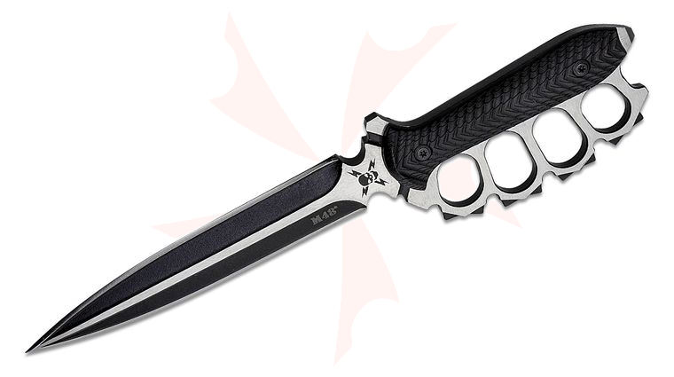 United Cutlery M48 Liberator Trench Knife Fixed Blade 7.5 inch Two-Tone Black/Satin Double Edged Blade, Black FRN Handles with Knuckle Guards, TPU and Nylon Sheath