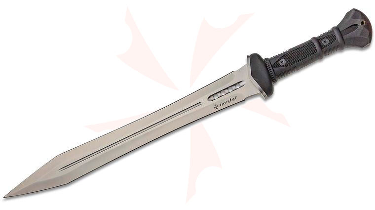 United Cutlery Honshu Gladiator Sword 18.25 inch 7Cr13 Satin Blade, Black TPR Handle, Black Leather Sheath