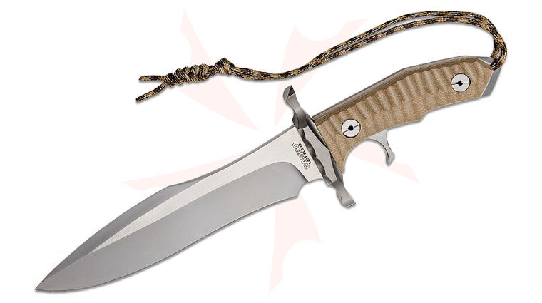 United Cutlery Rambo Last Blood Heartstopper 9 inch Two-Tone Blade, Grooved Tan Linen Micarta Handle, Brown Leather Sheath