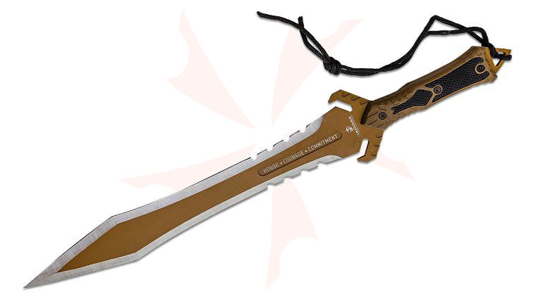 United Cutlery USMC Desert Ops Gladius Sword 17.3 inch Partially Serrated Tan Blade, Black/Tan ABS Handle, Black Nylon Sheath