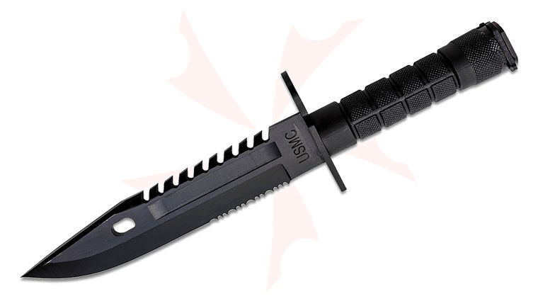 United Cutlery USMC M-9 Bayonet Fixed Blade 7.75 inch Black Sawback Blade, Black TPU Handles, Black Nylon Sheath