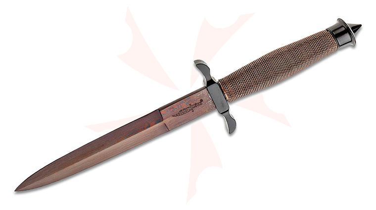 United Cutlery Gil Hibben HellFyre Shadow Dagger 7.25 inch Black/Red Damascus Double Edge Blade, Copper Color Wire Wrap Handle, Leather Sheath