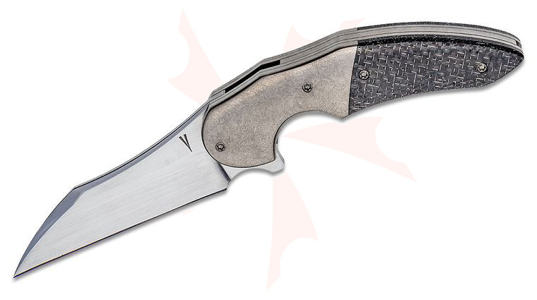 Jeff VanderMeulen Custom Persecutor #17 Flipper Knife 3.25 inch RWL-34 Wharncliffe Blade, Lightning Strike Carbon Fiber Handles with Titanium Bolsters, Mokuti Clip