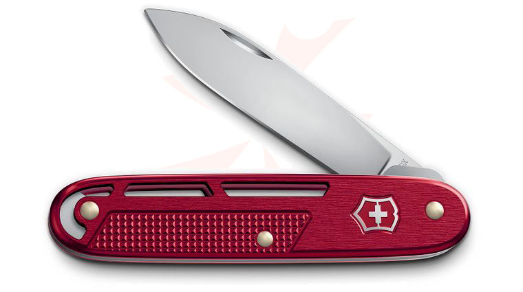 Victorinox Swiss Army Onefold Alox Refined Collection Liner Lock Folding Knife 3.66 inch Closed, Satin Drop Point Blade, Red Skeletonized Alox Handles with Clip