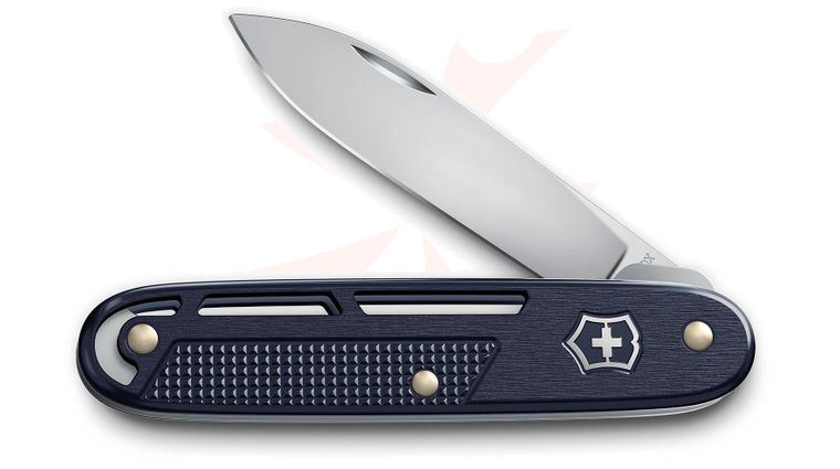 Victorinox Swiss Army Onefold Alox Refined Collection Liner Lock Folding Knife 3.66 inch Closed, Satin Drop Point Blade, Dark Blue Skeletonized Alox Handles with Clip