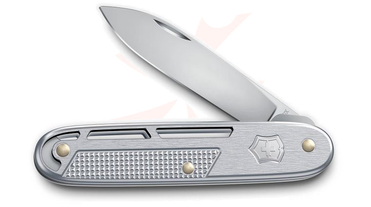 Victorinox Swiss Army Onefold Alox Refined Collection Liner Lock Folding Knife 3.66 inch Closed, Satin Drop Point Blade, Silver Skeletonized Alox Handles with Clip