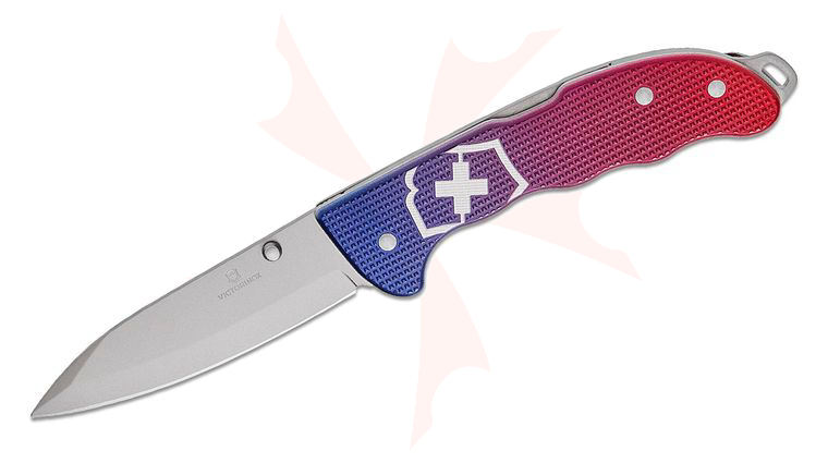 Victorinox Swiss Army Evoke Folding Knife 3.875 inch Bead Blast Drop Point Blade, Blue/Red Gradiant Alox Handles with Clip