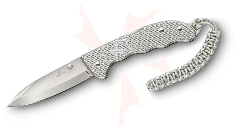 Victorinox Swiss Army Evoke Folding Knife 3.875 inch Bead Blast Drop Point Blade, Silver Alox Handles with Clip and Paracord Lanyard
